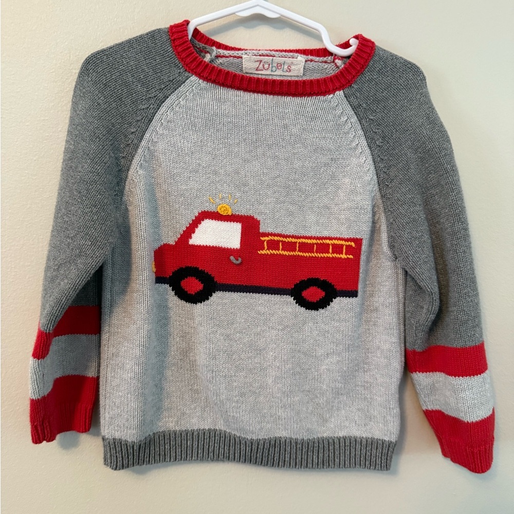 Zubels Gray and Red Fire Truck Sweater